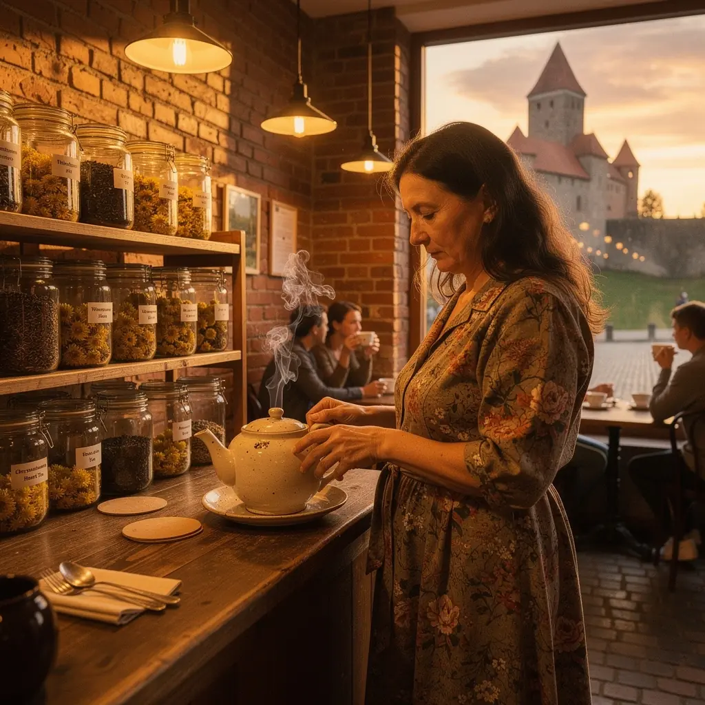 Žmonės mėgaujasi arbata sode, apsupti gamtos grožio.