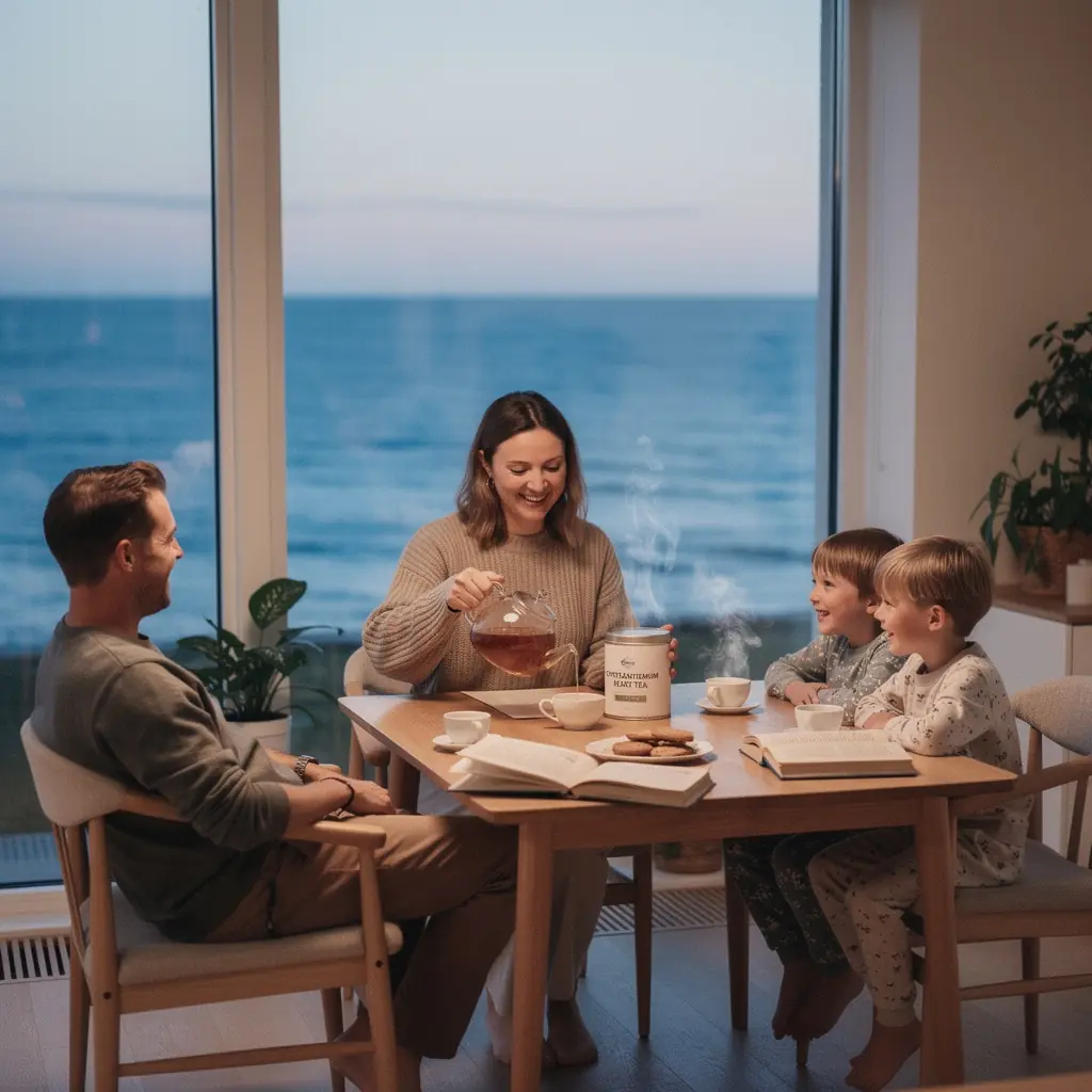 Chrizantemų širdies arbatos puodelis su gėlių žiedlapiais.